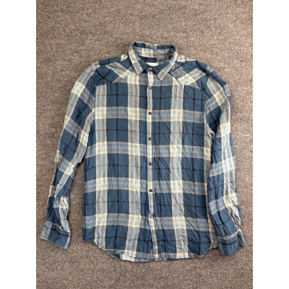 Young LA Medium Pearl Snap Shirt‎ Men's Medium Blue Plaid Long Sleeve Western